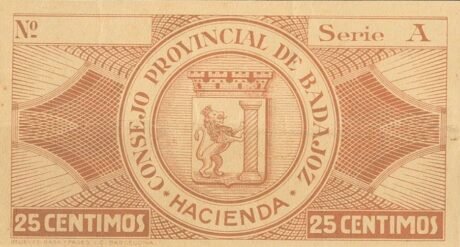 Реверс банкноты 25 centymów Badajoz (Hiszpania) 1937