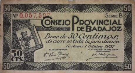 Awers banknotu 50 centymów Badajoz (Hiszpania) 1937