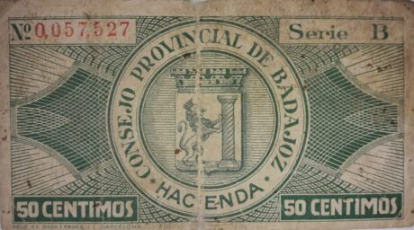 Rewers banknotu 50 centymów Badajoz (Hiszpania) 1937