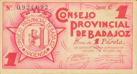 Аверс банкноты 1 peseta Badajoz (Spain) 1937