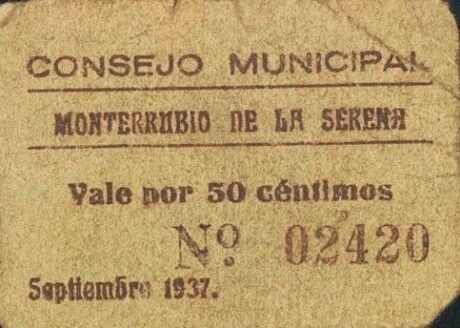 Аверс банкноты 50 сантимов Монтеррубио де ла Серена (Испания) 1937 года