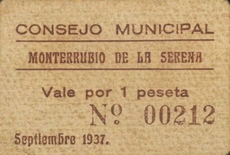 Аверс банкноты 1 песета Монтеррубио де ла Серена (Испания) 1937 года
