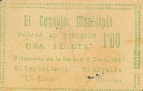 Аверс банкноты 1 peseta Villanueva de la Serena (Hiszpania) 1937