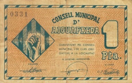 Аверс банкноты 1 peseta Aiguafreda (Hiszpania) 1937
