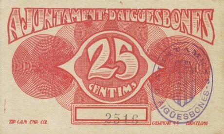 Реверс банкноты 25 сантимов Эгебонес (Испания) 1937 года