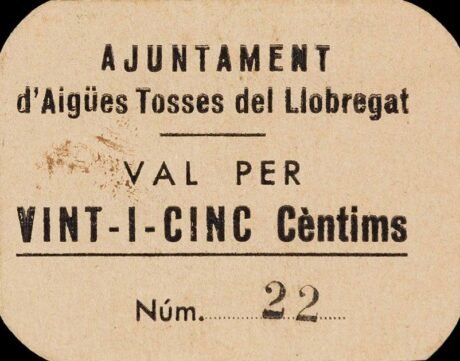 Аверс банкноты 25 сантимов Айгестос дель Льобрегат (Испания) 1937 года