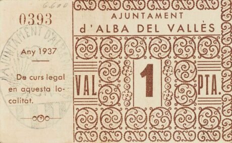 Реверс банкноты 1 песета Альба дель Валлес (Испания) 1937 года