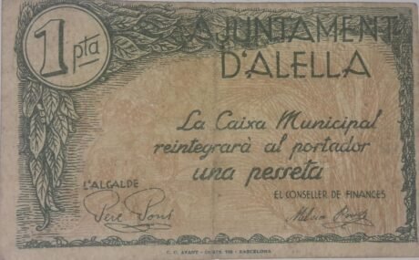 Аверс банкноты 1 peseta Alella (Spain)