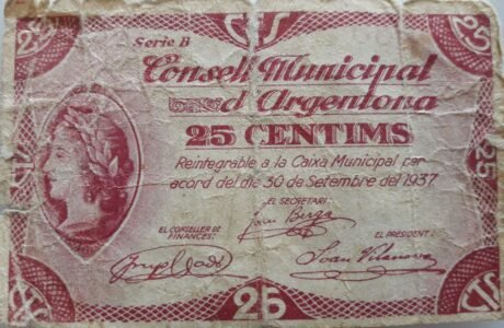 Аверс банкноты 25 сантимов Аргентона (Испания) 1937 года