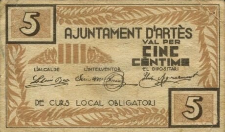 Аверс банкноты 5 centymów sztuki (Hiszpania) 1937