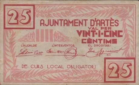 Аверс банкноты 25 centimo art (Hiszpania) 1937