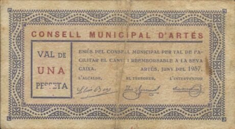Awers banknotu 1 peseta Arte (Hiszpania) 1937
