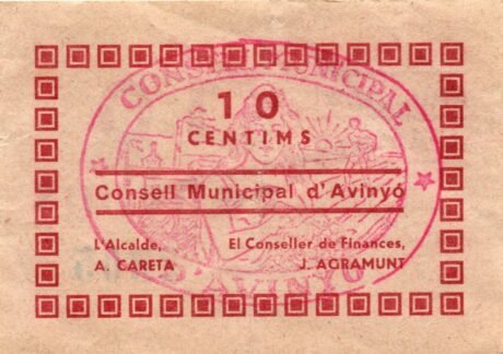 Аверс банкноты 10 centymów Awinion (Hiszpania)