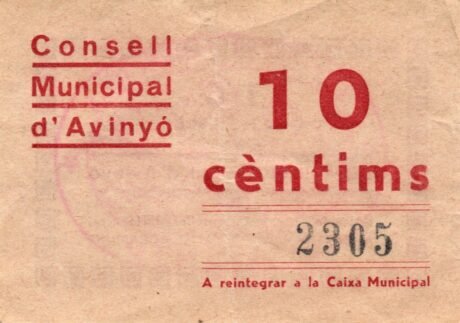 Реверс банкноты 10 centymów Awinion (Hiszpania)