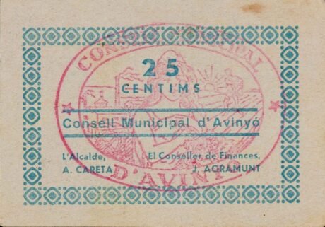 Аверс банкноты 25 сантимов Авиньо (Испания)