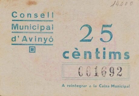 Реверс банкноты 25 сантимов Авиньо (Испания)