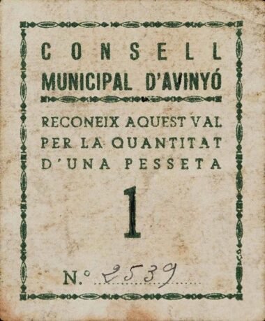 Аверс банкноты 1 песета Авиньо (Испания)