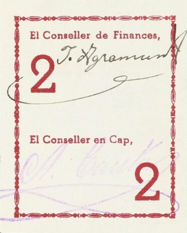 Реверс банкноты 2 pesetas Avinyo (Spain)