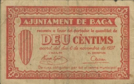 Аверс банкноты 10 centymów Baga (Hiszpania) 1937