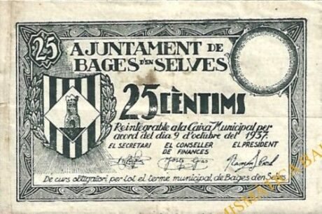 Аверс банкноты 25 сентимо Bages d'en Selfs (Испания) 1937 года