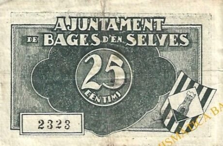 Реверс банкноты 25 сентимо Bages d'en Selfs (Испания) 1937 года