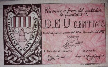 Аверс банкноты 10 centymów Bache Montseny (Hiszpania) 1937
