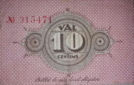 Реверс банкноты 10 centymów Bache Montseny (Hiszpania) 1937