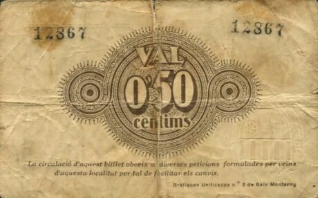 Реверс банкноты 50 centymów Bache Montseny (Hiszpania)