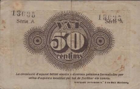 Реверс банкноты 50 centymów Bache Montseny (Hiszpania)