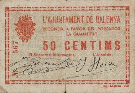 Аверс банкноты 50 сантимов Баленья (Испания)