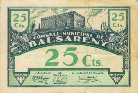Аверс банкноты 25 centymów Balsareña (Hiszpania) 1937