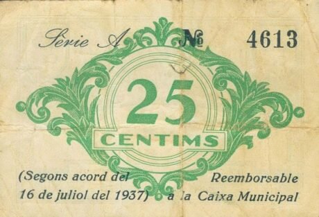 Реверс банкноты 25 centymów Balsareña (Hiszpania) 1937