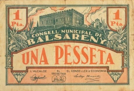 Аверс банкноты 1 песета Балсарени (Испания) 1937 года