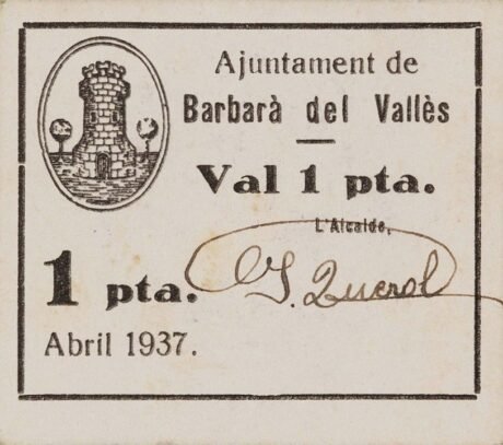 Аверс банкноты 1 песета Барбера дель Валлес (Испания) 1937 года