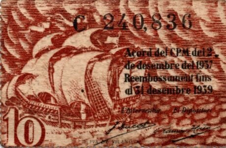 Реверс банкноты 10 centymów Barcelona (Hiszpania) 1937