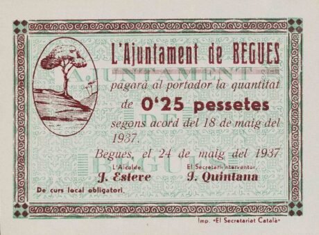 Аверс банкноты 0,25 песеты Бег (Испания) 1937 года