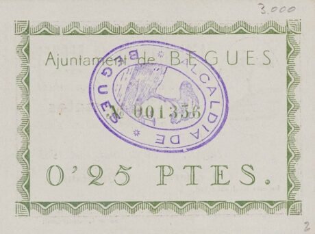 Реверс банкноты 0,25 песеты Бег (Испания) 1937 года