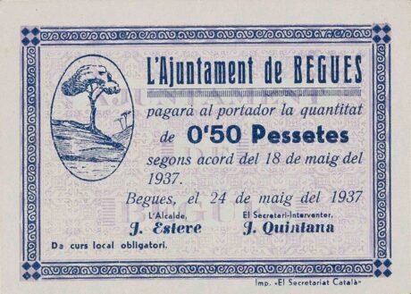 Аверс банкноты 0,50 Песеты Бег (Испания) 1937 года