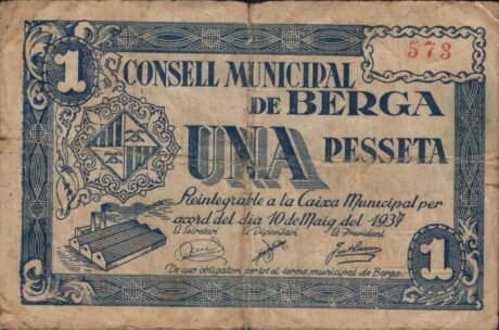 Аверс банкноты 1 песета берга (Испания) 1937 года