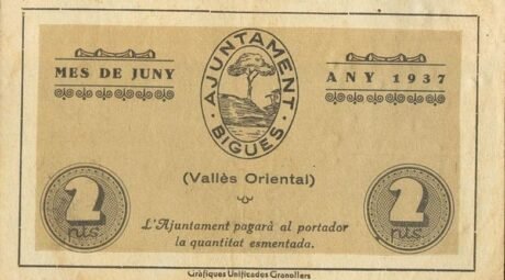 Аверс банкноты 2 песеты бигес (Испания) 1937 года