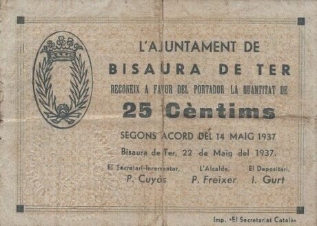 Аверс банкноты 25 centymów Bisaura de Ter (Hiszpania) 1937