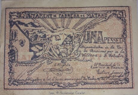 Аверс банкноты 1 peseta Cabrera de Mataro (Hiszpania) 1937