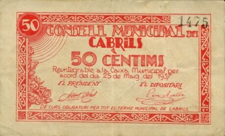 Аверс банкноты 50 сантимов Кабрилс (Испания) 1937 года