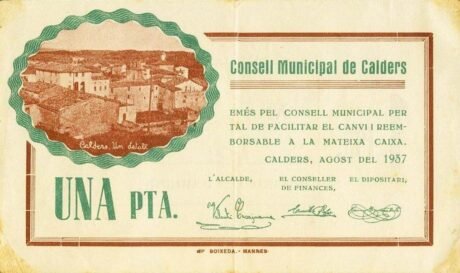 Аверс банкноты 1 peseta Calders (Spain) 1937