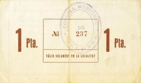 Реверс банкноты 1 peseta Calders (Spain) 1937