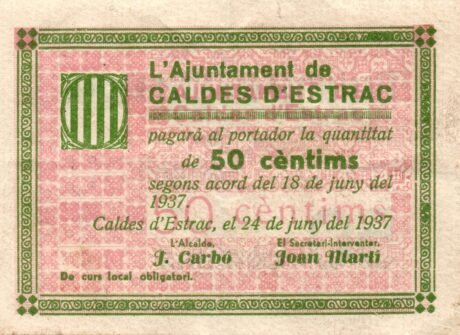 Аверс банкноты 50 сантимов Кальдес д'Эстрак (Испания) 1937 года