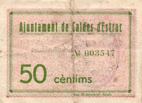 Реверс банкноты 50 сантимов Кальдес д'Эстрак (Испания) 1937 года