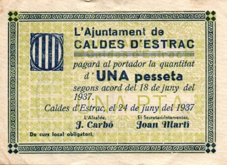 Аверс банкноты 1 песета Кальдес д'Эстрак (Испания) 1937 года