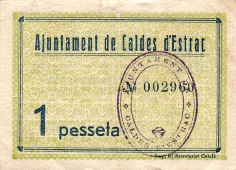 Реверс банкноты 1 песета Кальдес д'Эстрак (Испания) 1937 года