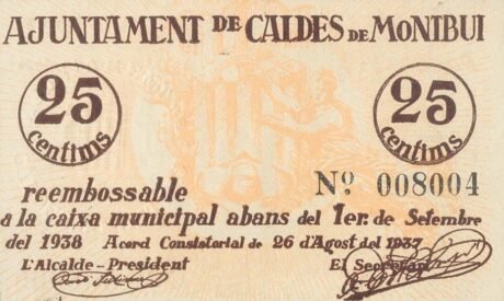 Аверс банкноты 25 сантимов Кальдес де Монбуи (Испания) 1937 года